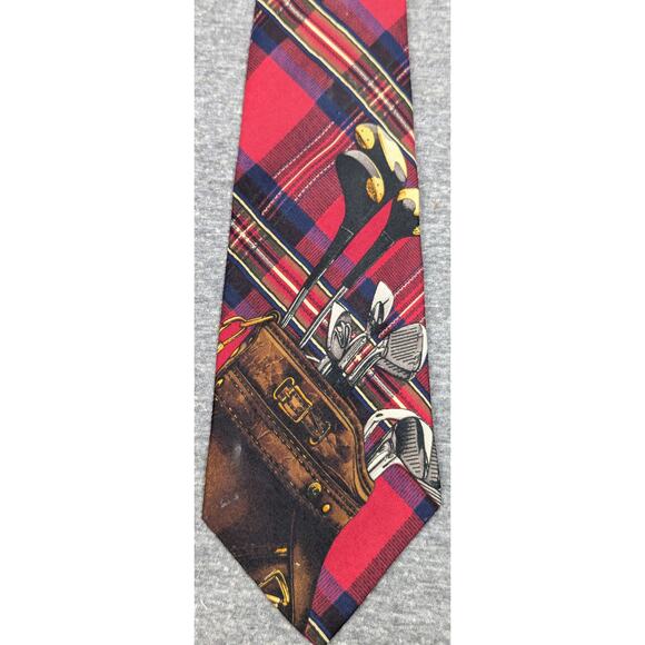 POLO RALPH LAUREN Mens Tie - Red Plaid, Golf Motiff, Hand Made, 100% Silk - Picture 2 of 6